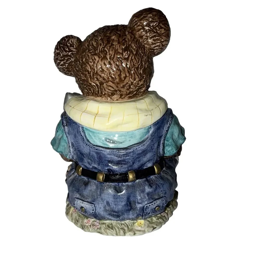 Vintage Ceramic Teddy Bear Cookie Jar Hand Painted Garden Floral Gardening Theme